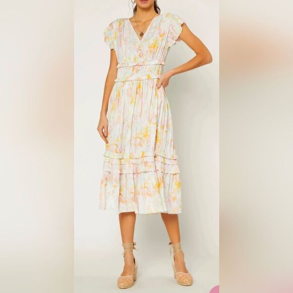 Currant Air Anthropologie Pastel Watercolor Flutter Boho Chic Midi Dress Size S - Picture 1 of 8